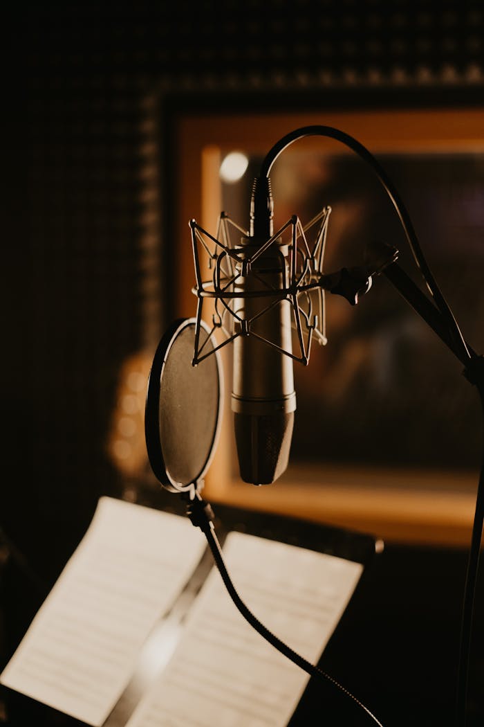 Close-up of a microphone and pop filter in a dimly lit recording studio, perfect for music production.